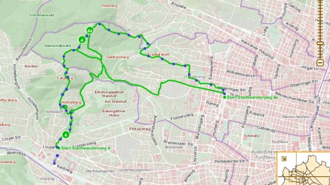 Der Stadtwanderweg 4 kombiniert mit 4a. Die blauen Punkte markieren unseren Pfad